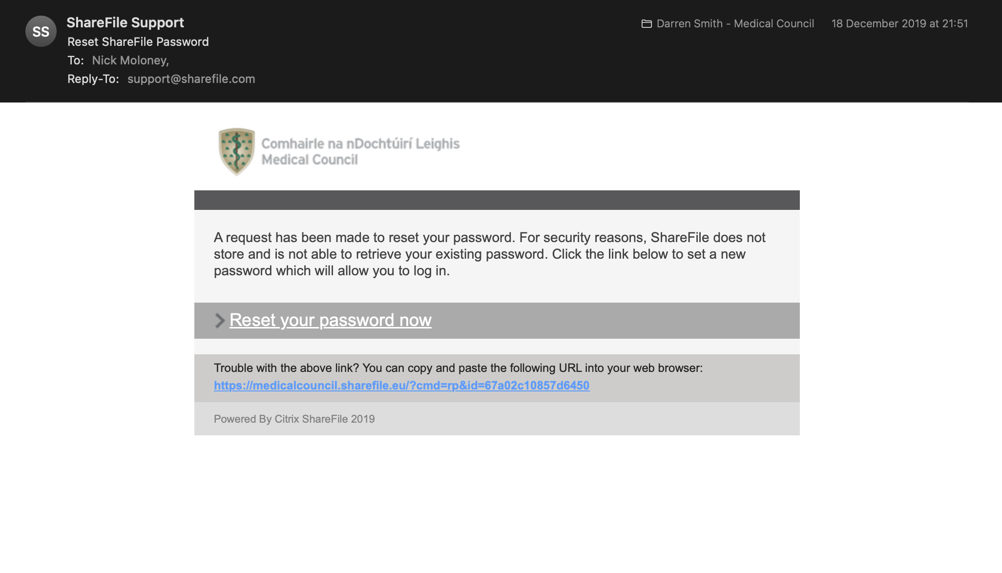 Preview of Email — ShareFile Support — Password Reset — 18 December 2019