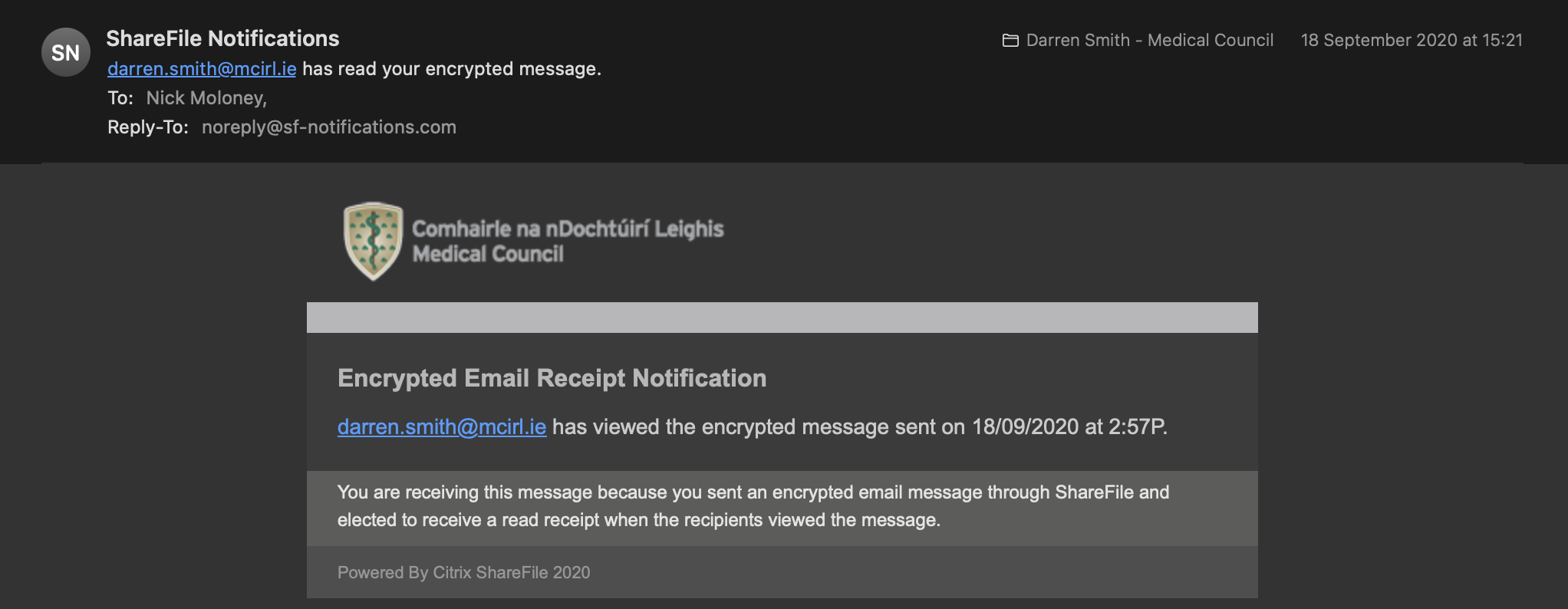 Preview of Medical Council – Encrypted Email Read Receipt Notification