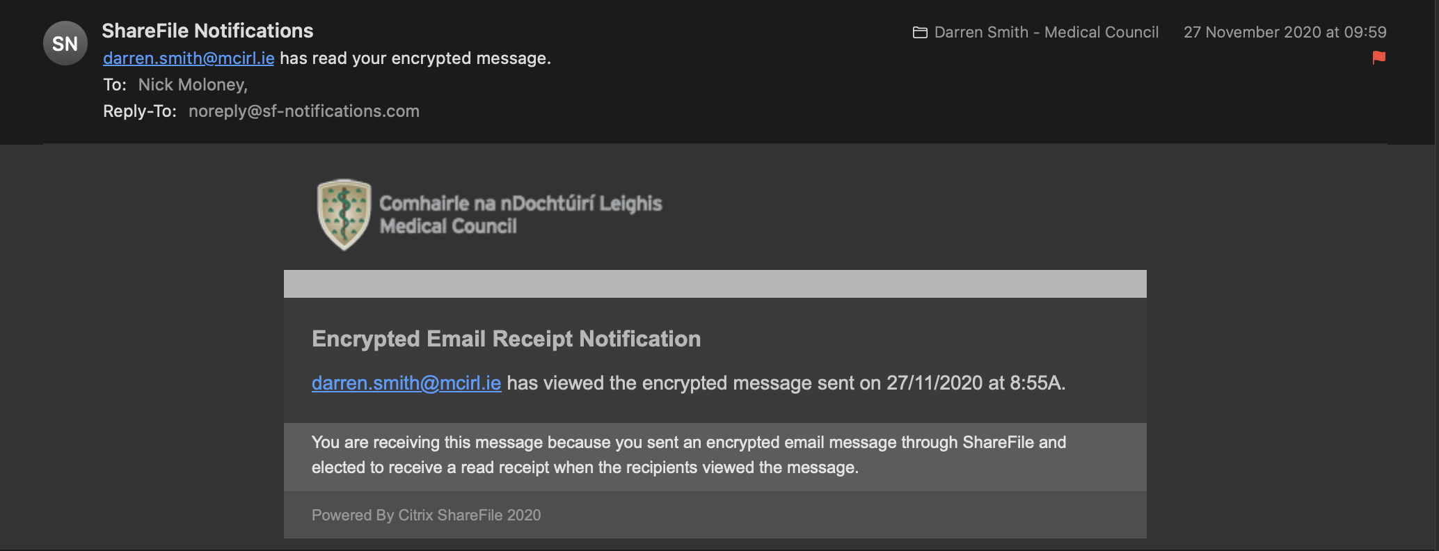 Preview of Medical Council – Encrypted Email Read Receipt Notification (27 November 2020)