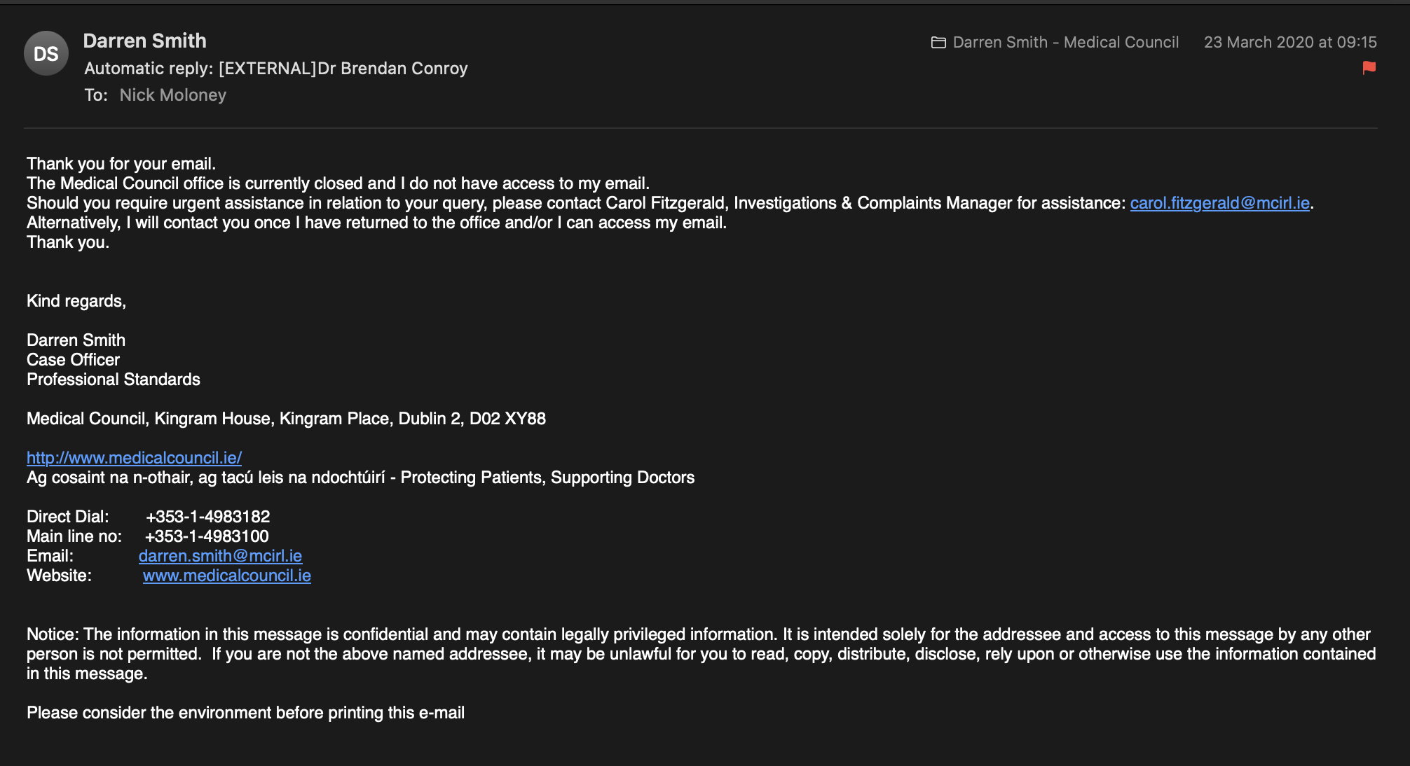 Preview of Automatic Reply from Darren Smith – Medical Council of Ireland (23 March 2020)