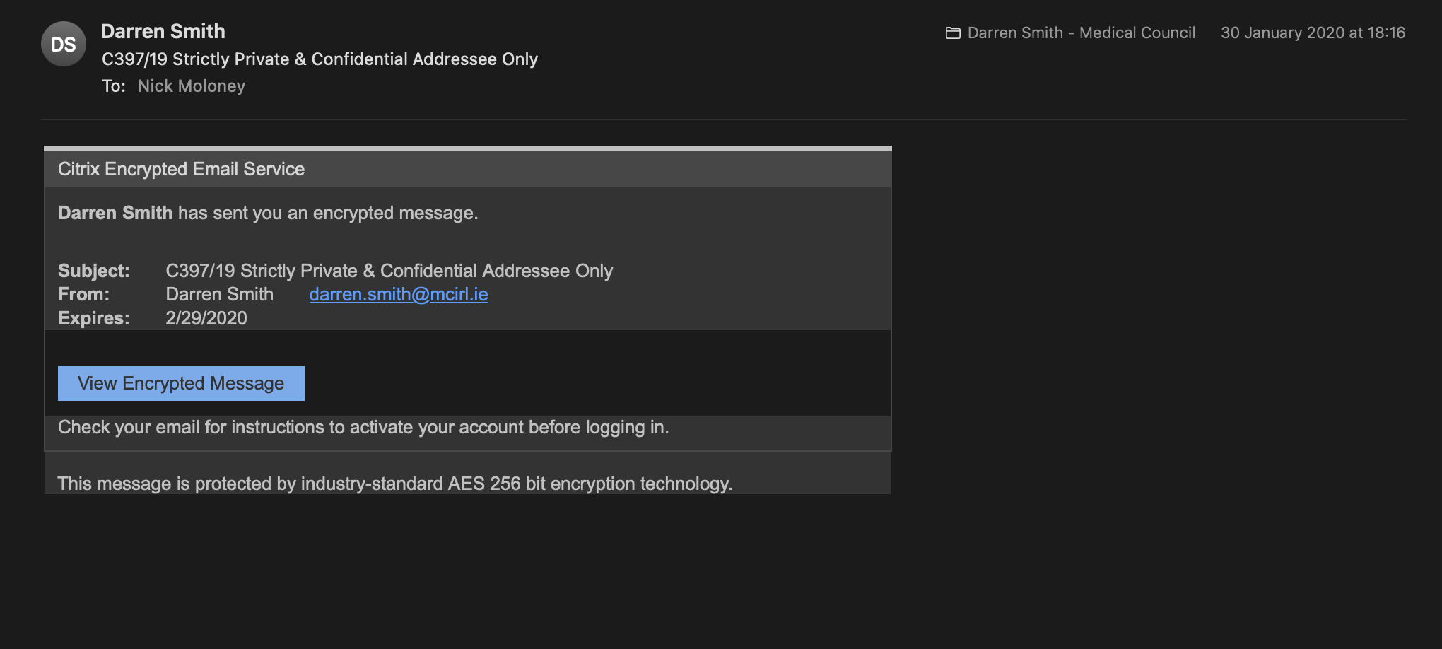 Preview of Email — Encrypted Message Notification (C397/19) — Darren Smith — 30 January 2020