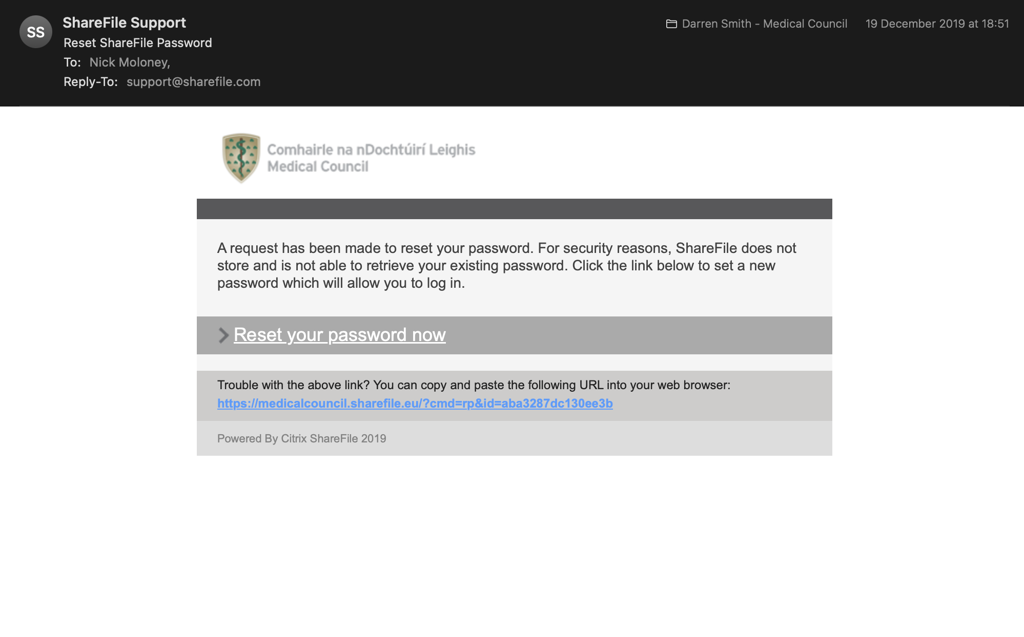 Preview of Email — ShareFile Password Reset — 19 December 2019